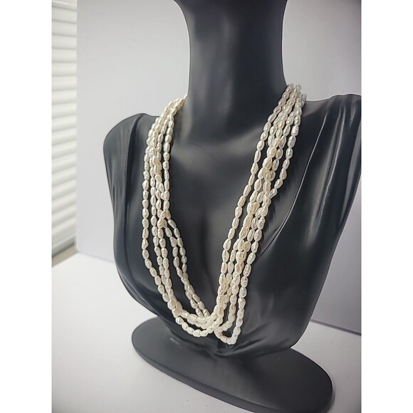 Vintage Necklace Multi Strand Beaded Gold Tone White Bead Slide Clasp Jewelry - Picture 6 of 12